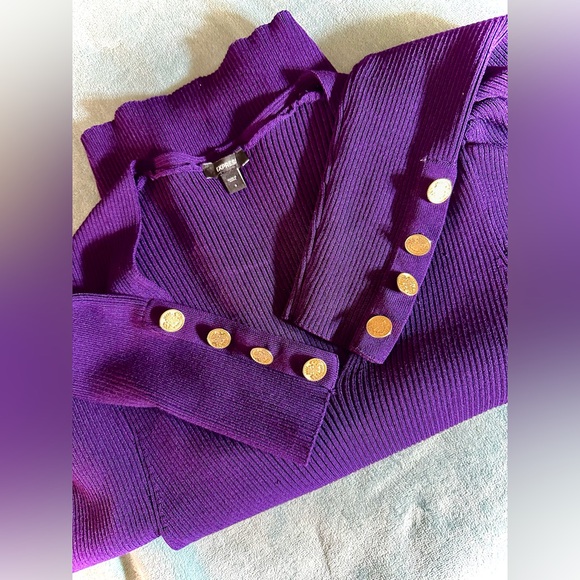 Express Bodycon Purple V-Neck Sweater with Gold Buttons - Picture 2 of 2